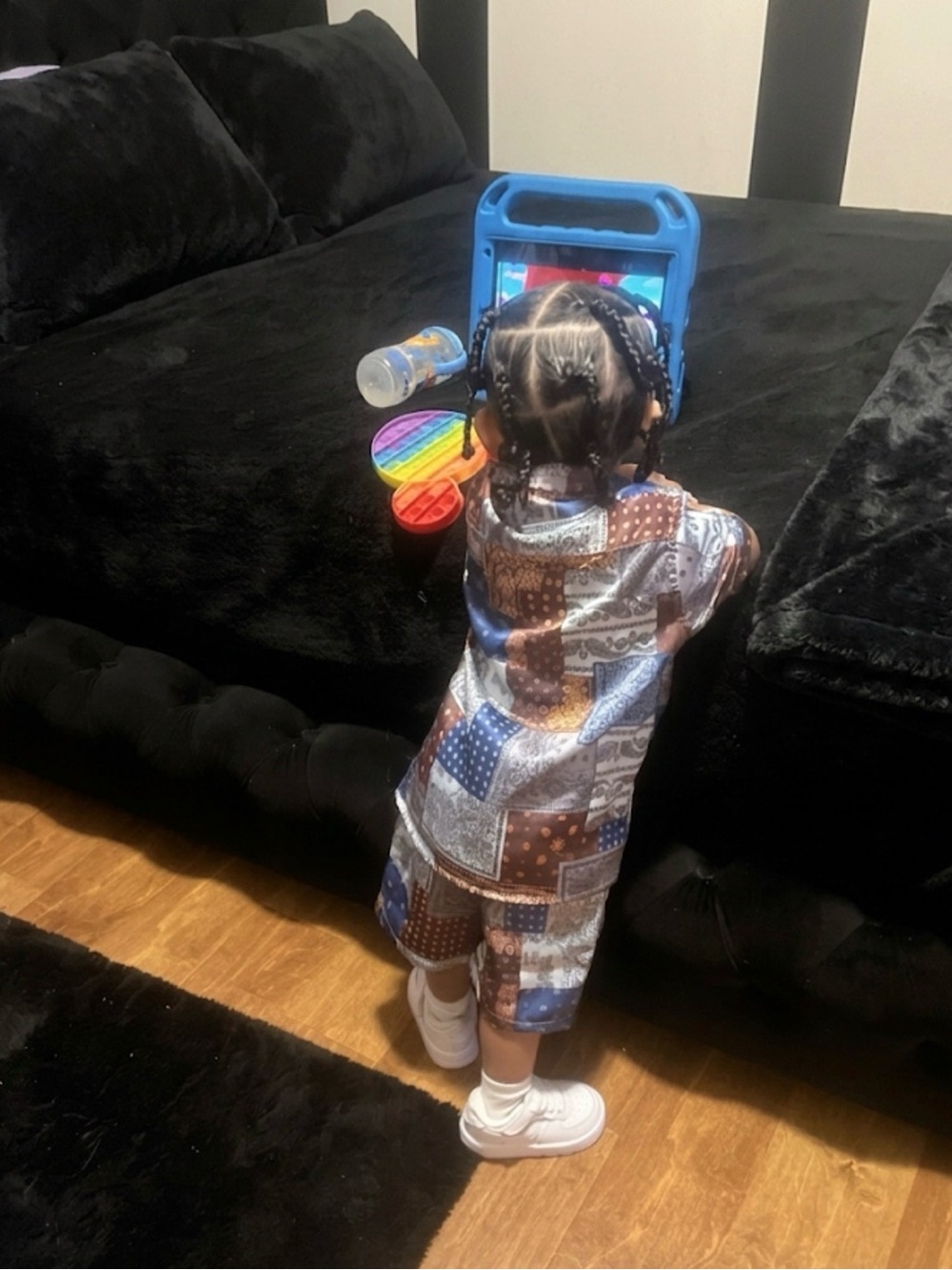 Patchwork Print Kids Romper - Blue & Brown - Picture 1 of 2